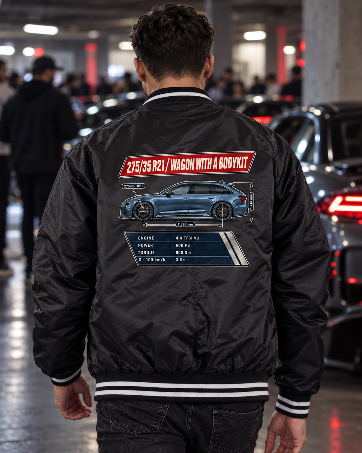 Audi RS6 Avant C8 Spec Poster Shirt, 275/35 R21 Wagon Tee Bomber Jacket Black worn hero