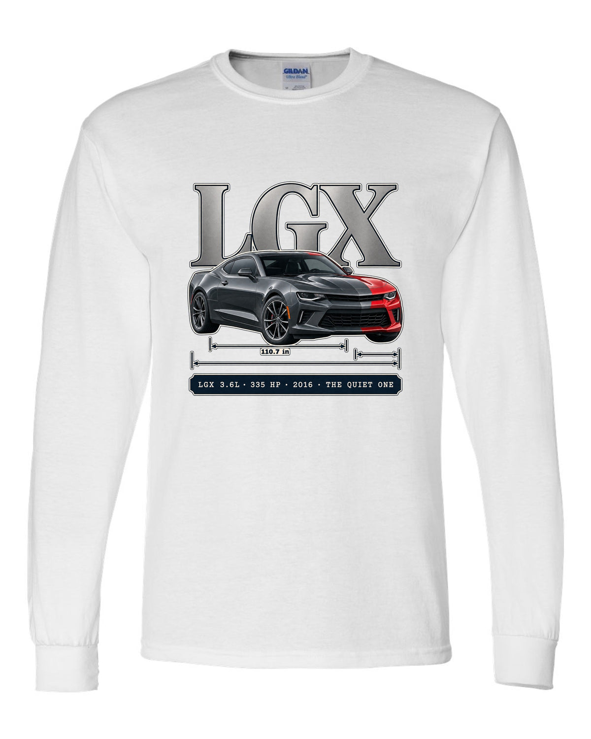 Archive panel print of a 2016 Chevrolet Camaro V6 with LGX 3.6L white long sleeve front view with the design