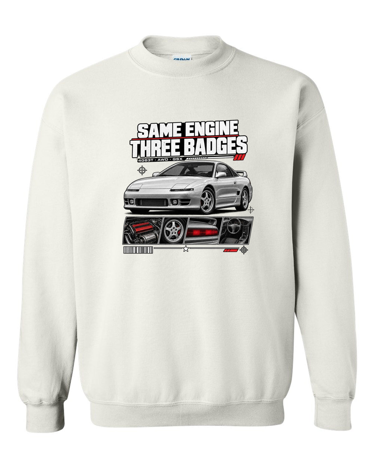 Mitsubishi Eclipse GSX 2G dossier panels with same engine three badges 4G63T text white crewneck front view with the design