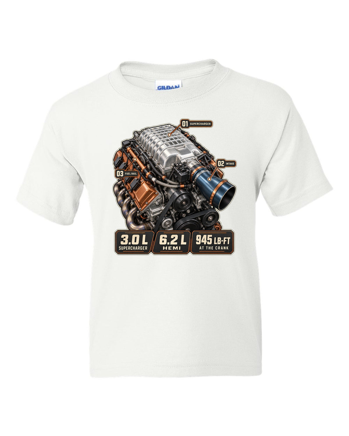 Dodge Challenger SRT Demon 170 supercharged Hemi engine hero print white kids tee front view with the design