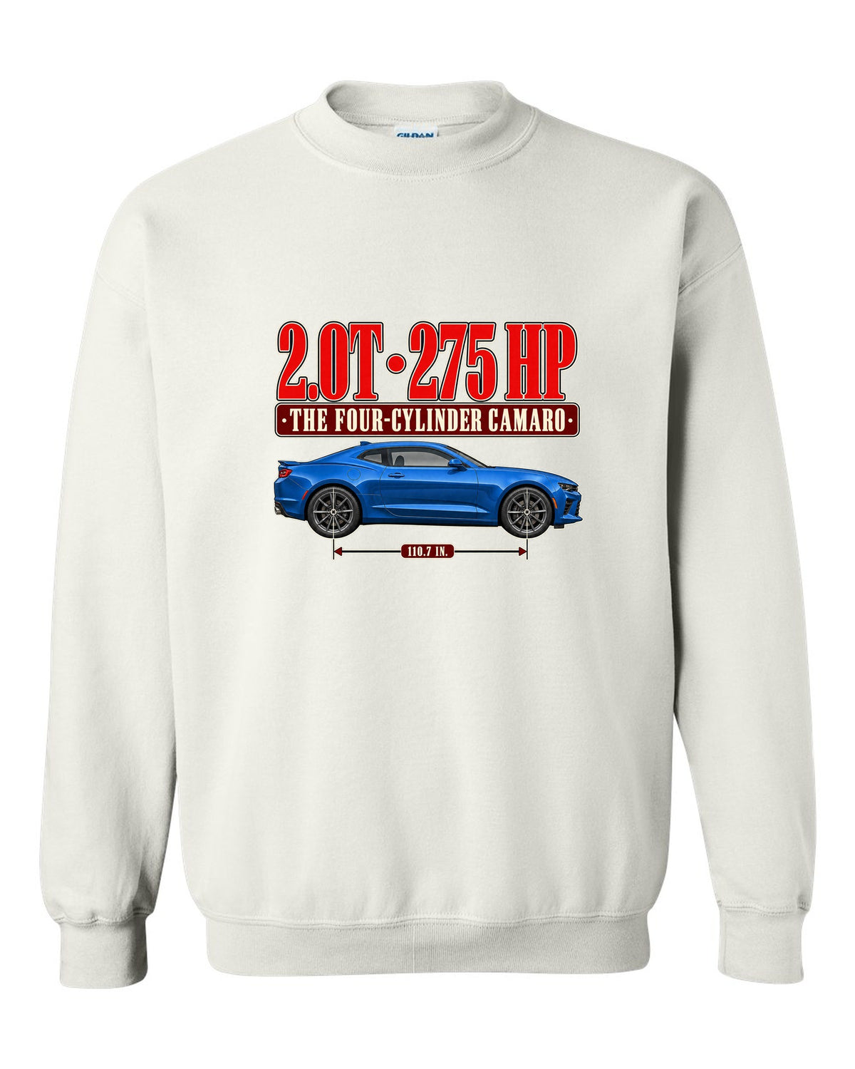 Editorial headline print for a Chevrolet Camaro 2.0T Turbo 1LE white crewneck front view with the design