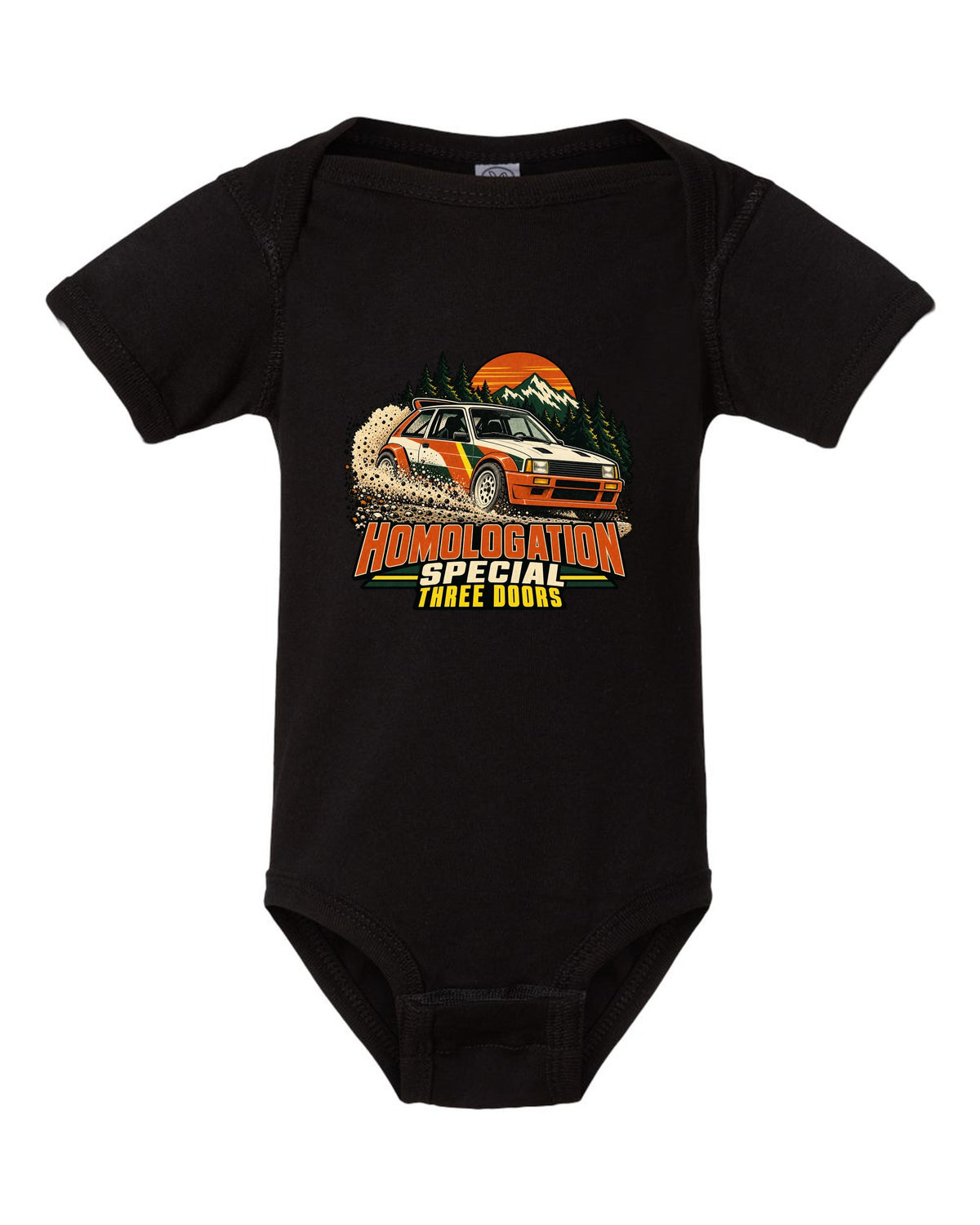 Vintage rally poster of a Toyota GR Yaris sliding on gravel with homologation text black baby onesie front view with the design