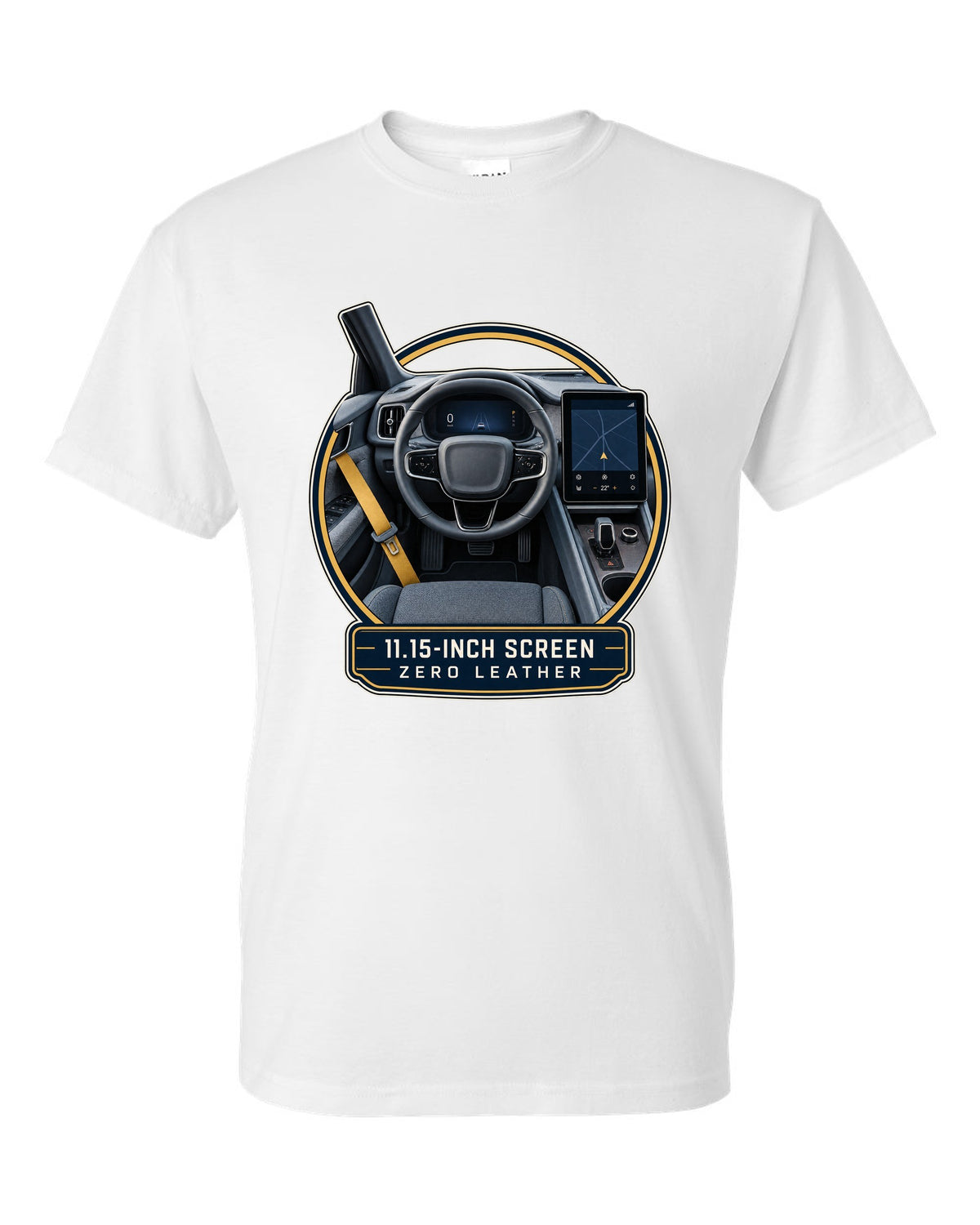 Polestar 2 cockpit with large centre screen, print design white t-shirt front view with the design