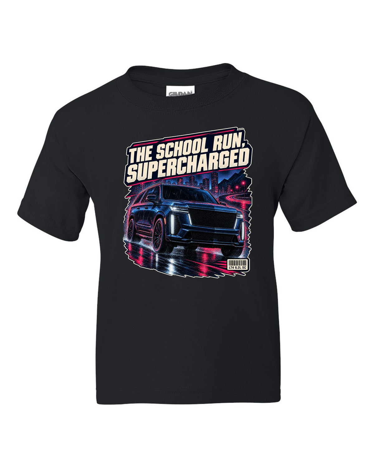 Night street print of a 2023-25 Cadillac Escalade-V black kids tee front view with the design