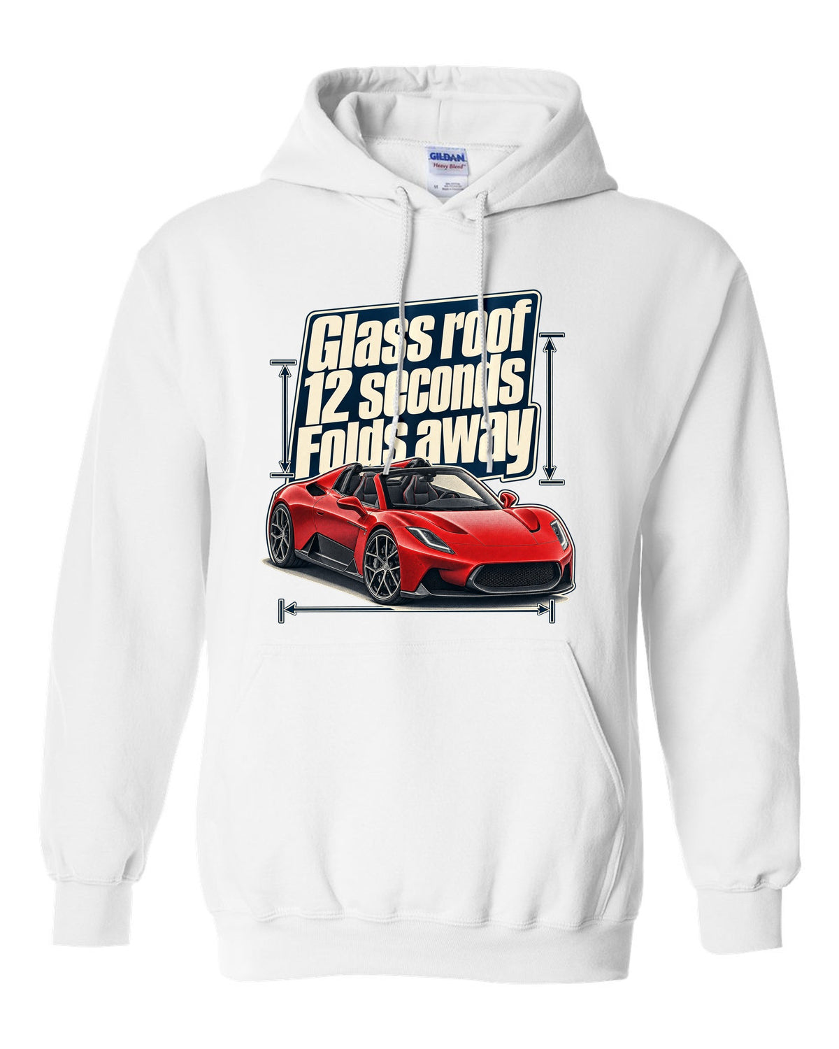 Maserati MC20 Cielo editorial headline print on a shirt white pull over hoodie front view with the design