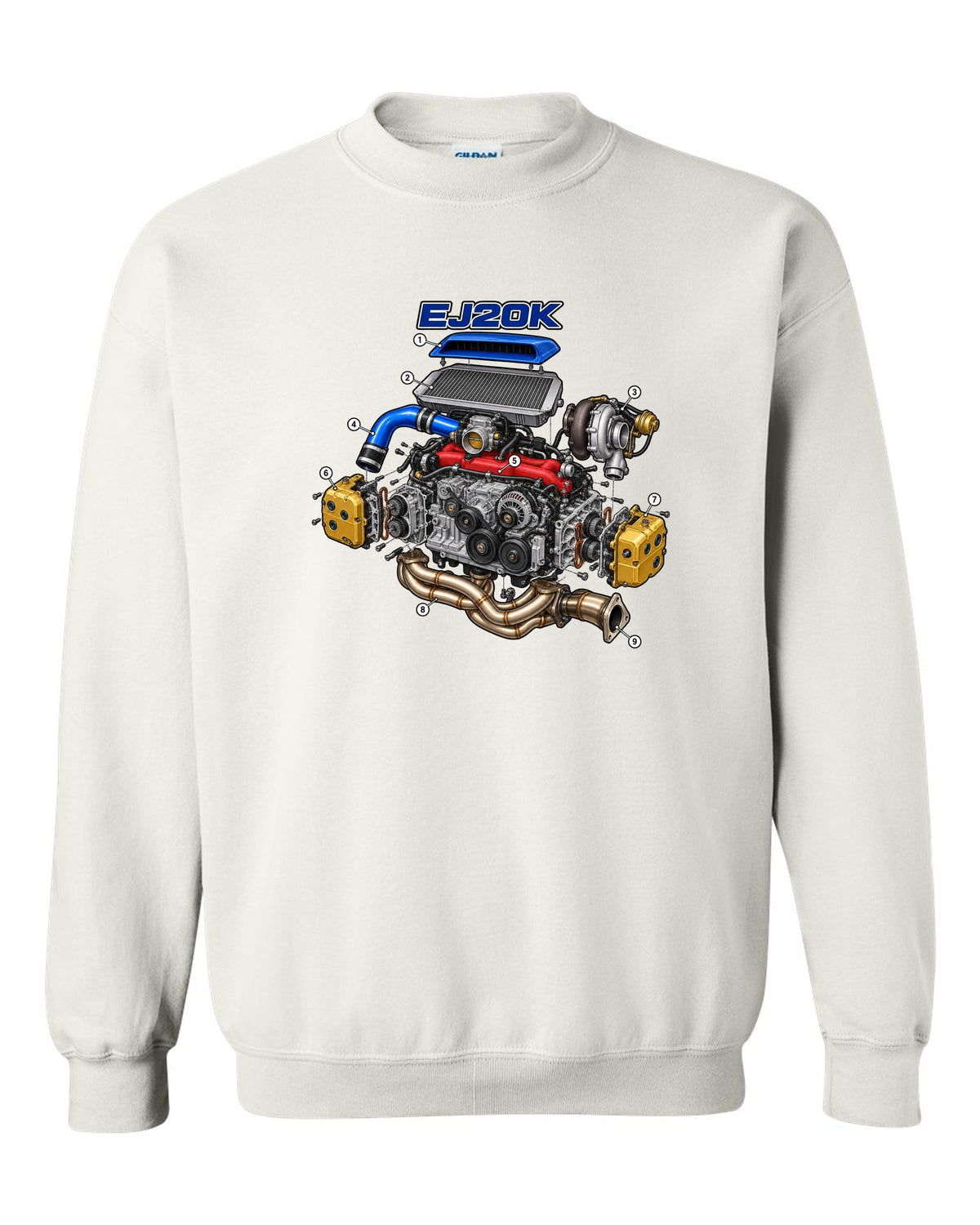 Subaru Impreza WRX GC8 EJ20K boxer engine in an exploded cutaway diagram white crewneck front view with the design