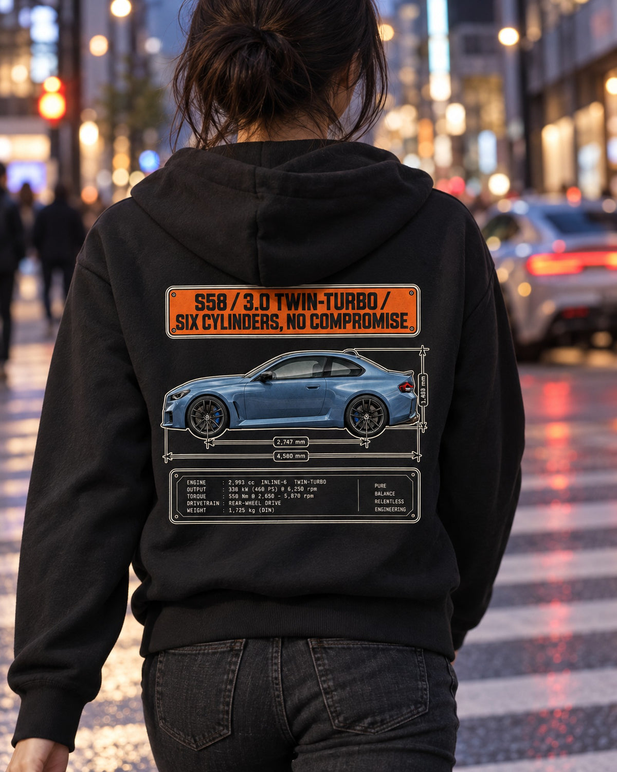BMW M2 G87 Dimension Blueprint Tee, S58 Six-Cylinder Car Shirt Zip Hoodie Black worn hero