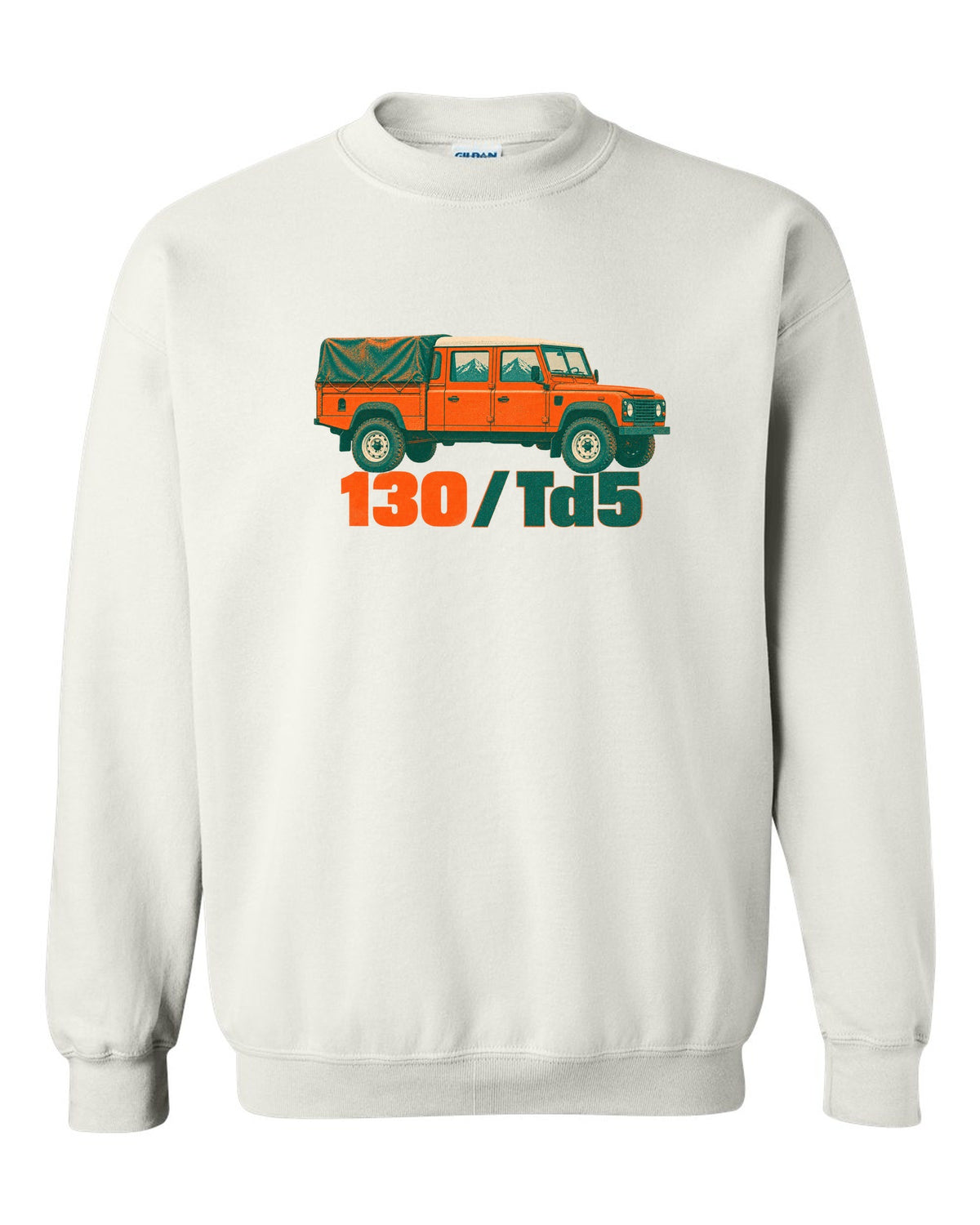 Risograph two-colour print of a Land Rover Defender 130 crew cab with 130 Td5 text white crewneck front view with the design