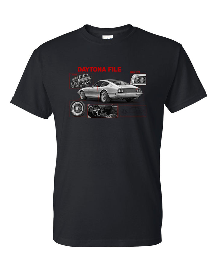 Engine hero print of a Ferrari 365 GTB/4 Daytona V12 with six twin-choke Weber carburettors black t-shirt front view with the design