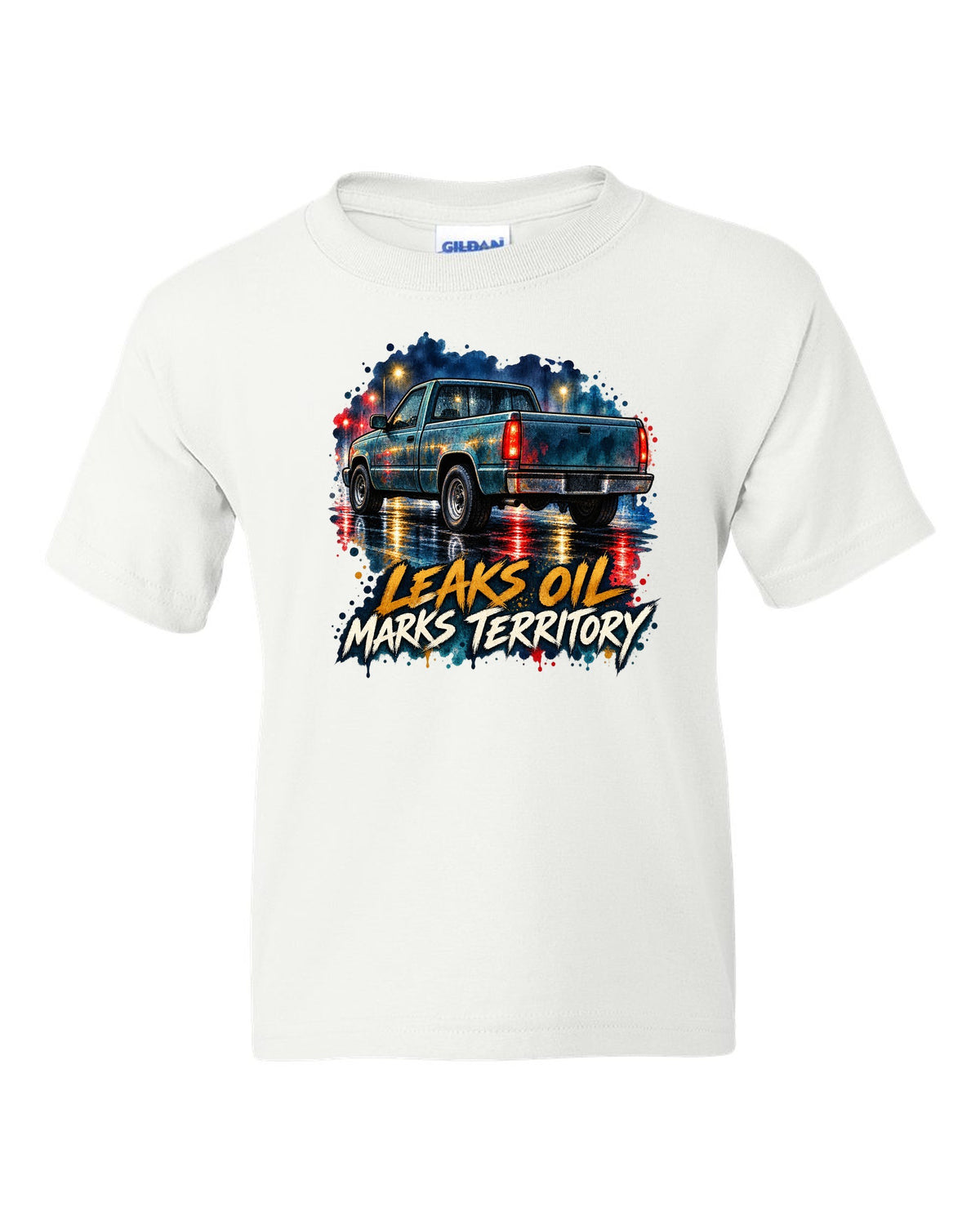 Watercolour wet-road night print of a 1989-1993 Dodge Ram D250 Cummins white kids tee front view with the design