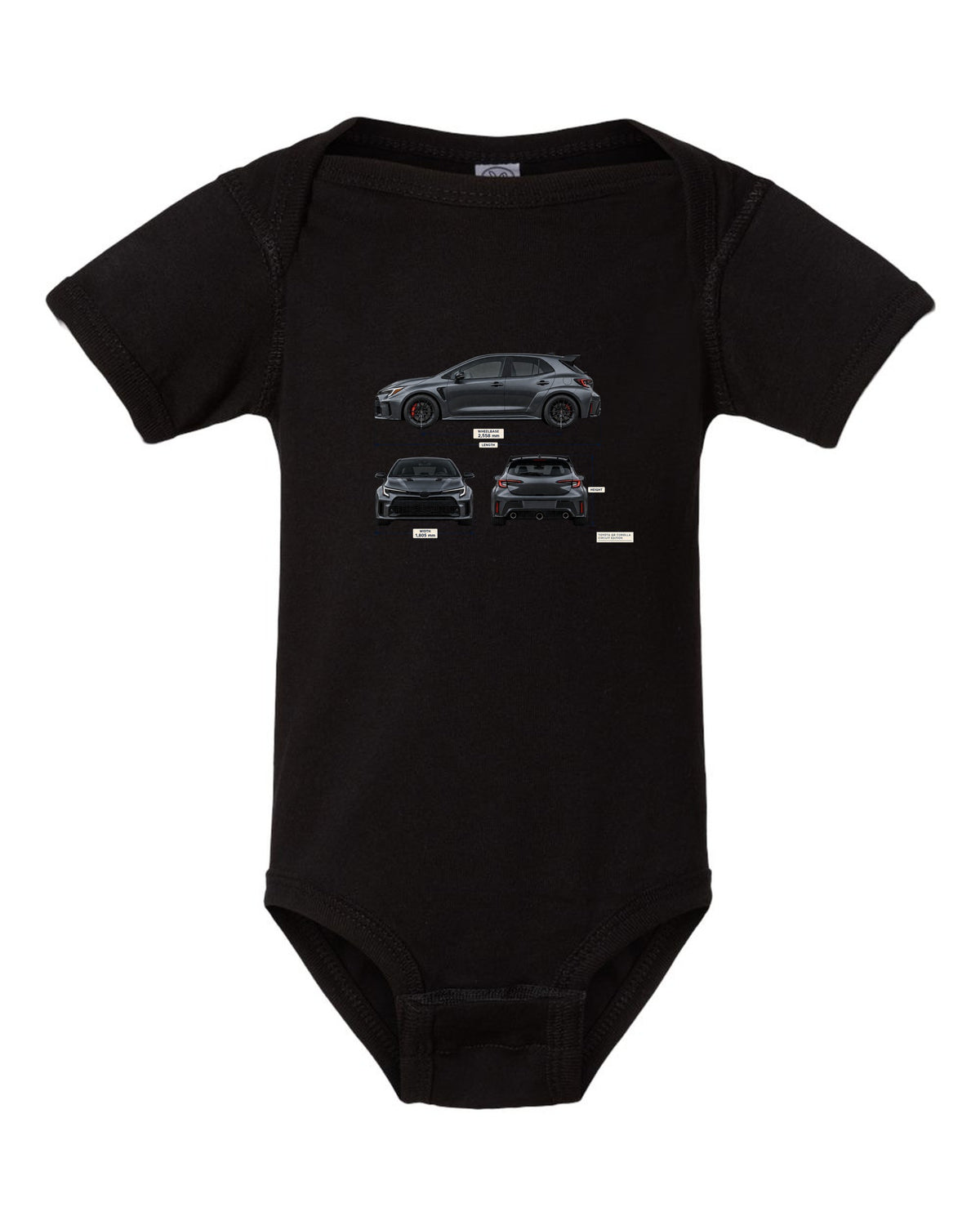 Toyota GR Corolla Core chback in Heavy Metal grey-blue with editorial headline text black baby onesie front view with the design