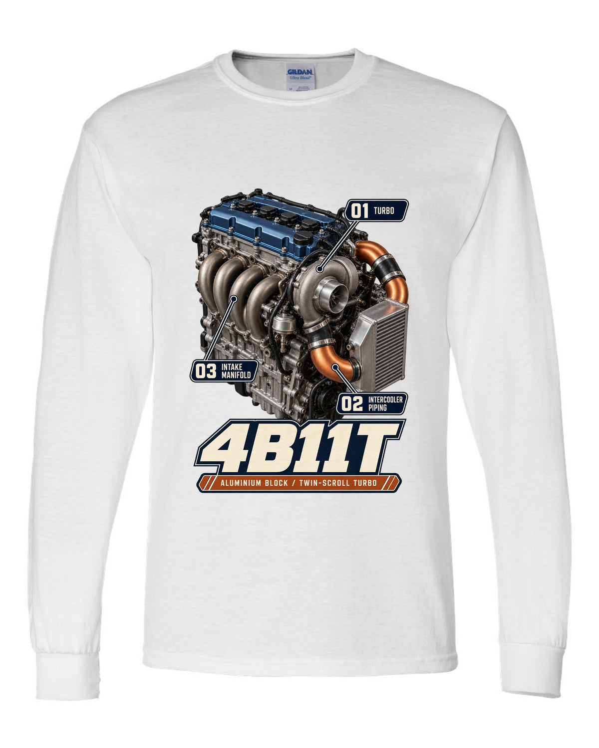 Mitsubishi Lancer Evolution X 4B11T engine bay poster print white long sleeve front view with the design