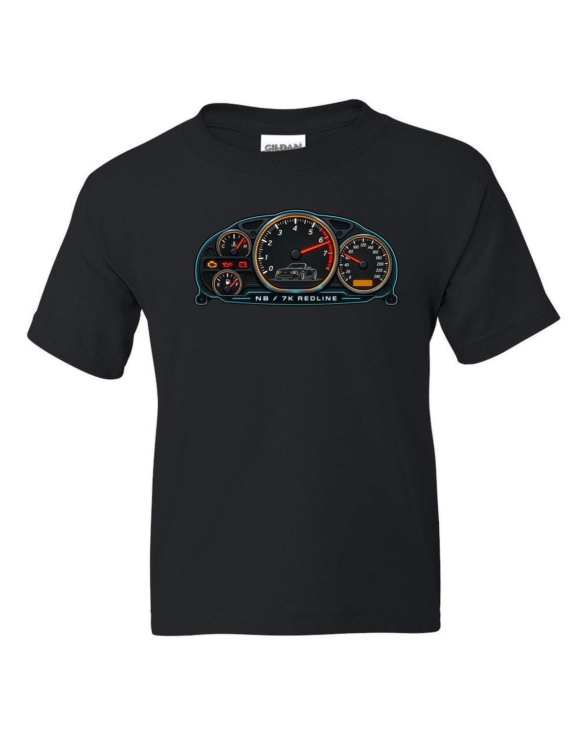Retro Japanese Showa catalogue spread of a Mazda MX-5 NA with wheels and soft top text black kids tee front view with the design