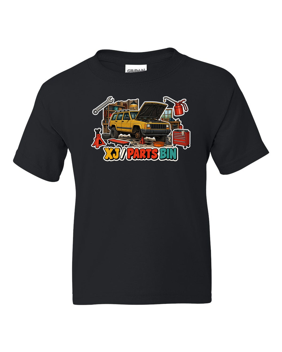 Sticker-bomb die-cut collage print around a Jeep Cherokee XJ labelled Parts Bin black kids tee front view with the design