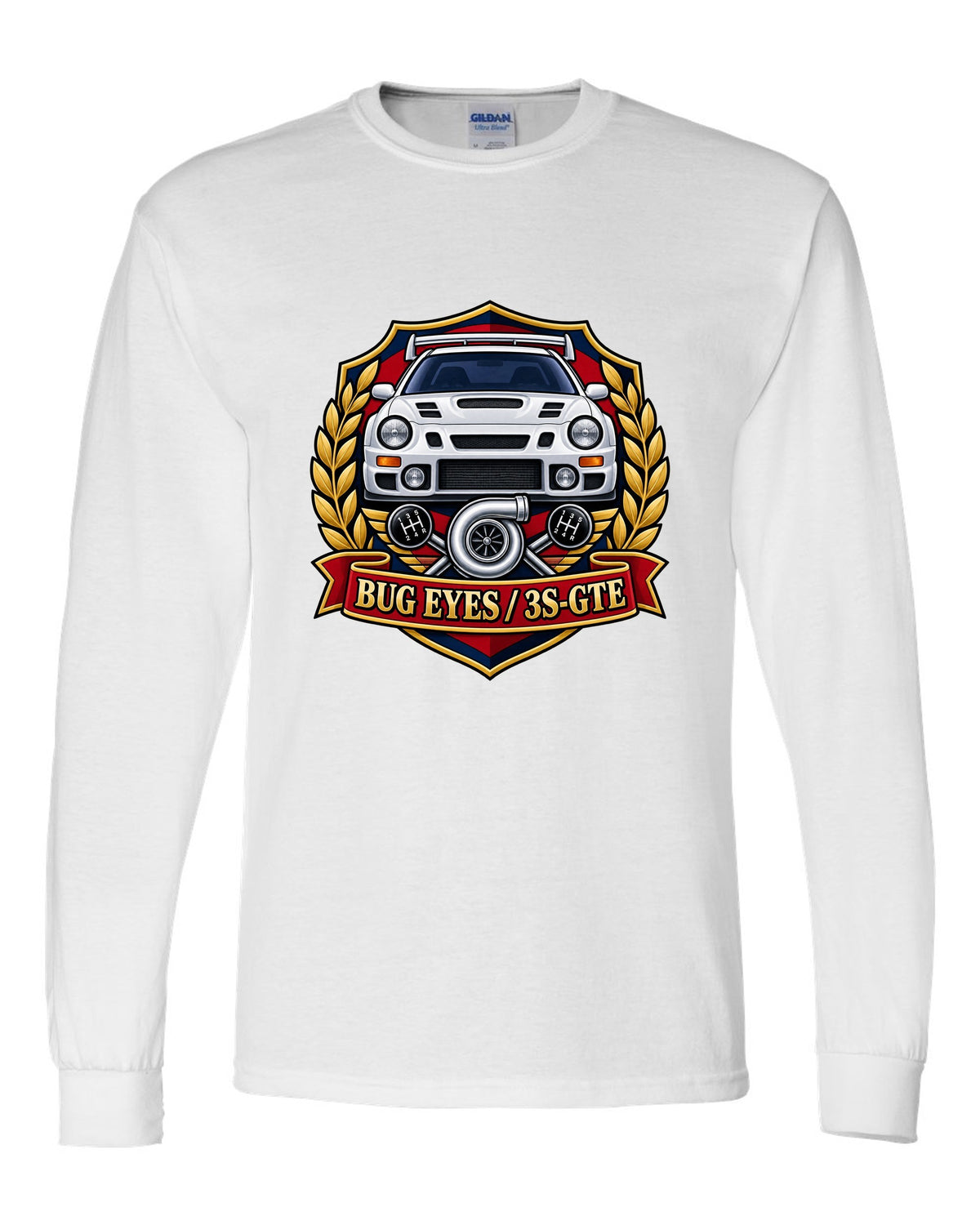 Rally crest of a Toyota Celica GT-Four ST205 with Bug Eyes and 3S-GTE lettering white long sleeve front view with the design