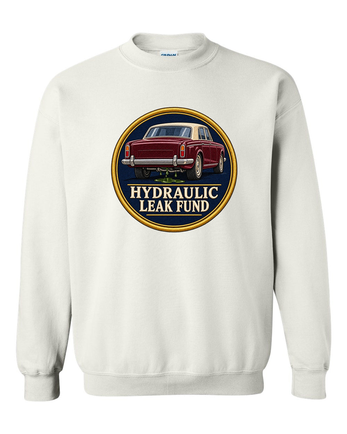 Art Deco line drawing print of a 1952 Bentley R-Type Continental with leak fund lettering white crewneck front view with the design