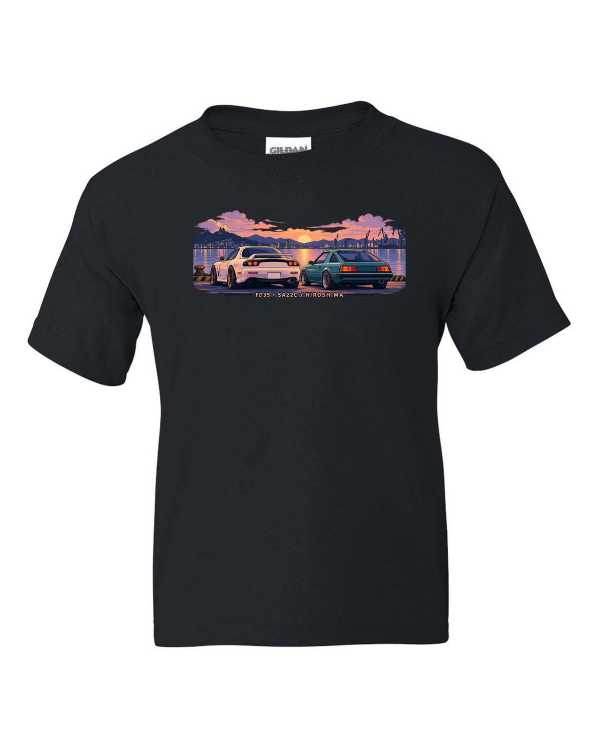 Ukiyo-e woodblock illustration of a Mazda RX-7 FD3S on a touge hairpin with 50/50 / 1280 KG lettering black kids tee front view with the design