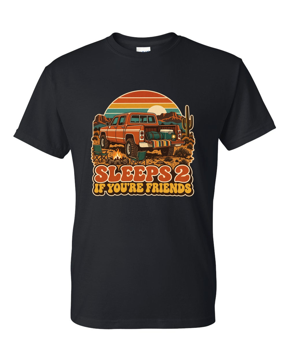 Jeep Gladiator JT retro 70s outdoors poster with sunset stripes and sleeps 2 text black t-shirt front view with the design