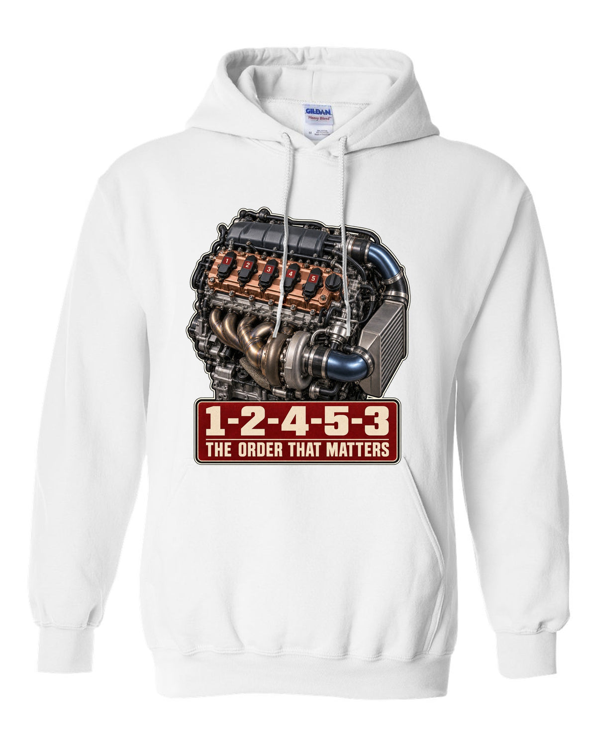 Audi TT RS 8S 2.5 TFSI five-cylinder engine poster with firing order white pull over hoodie front view with the design