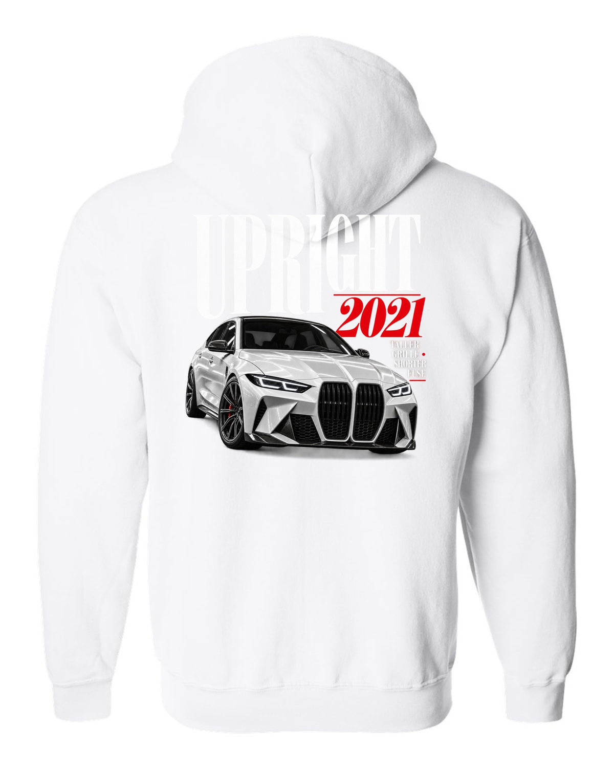 BMW G80 M3 editorial print with upright 2021 headline and grille tagline white zip hoodie back view with the design