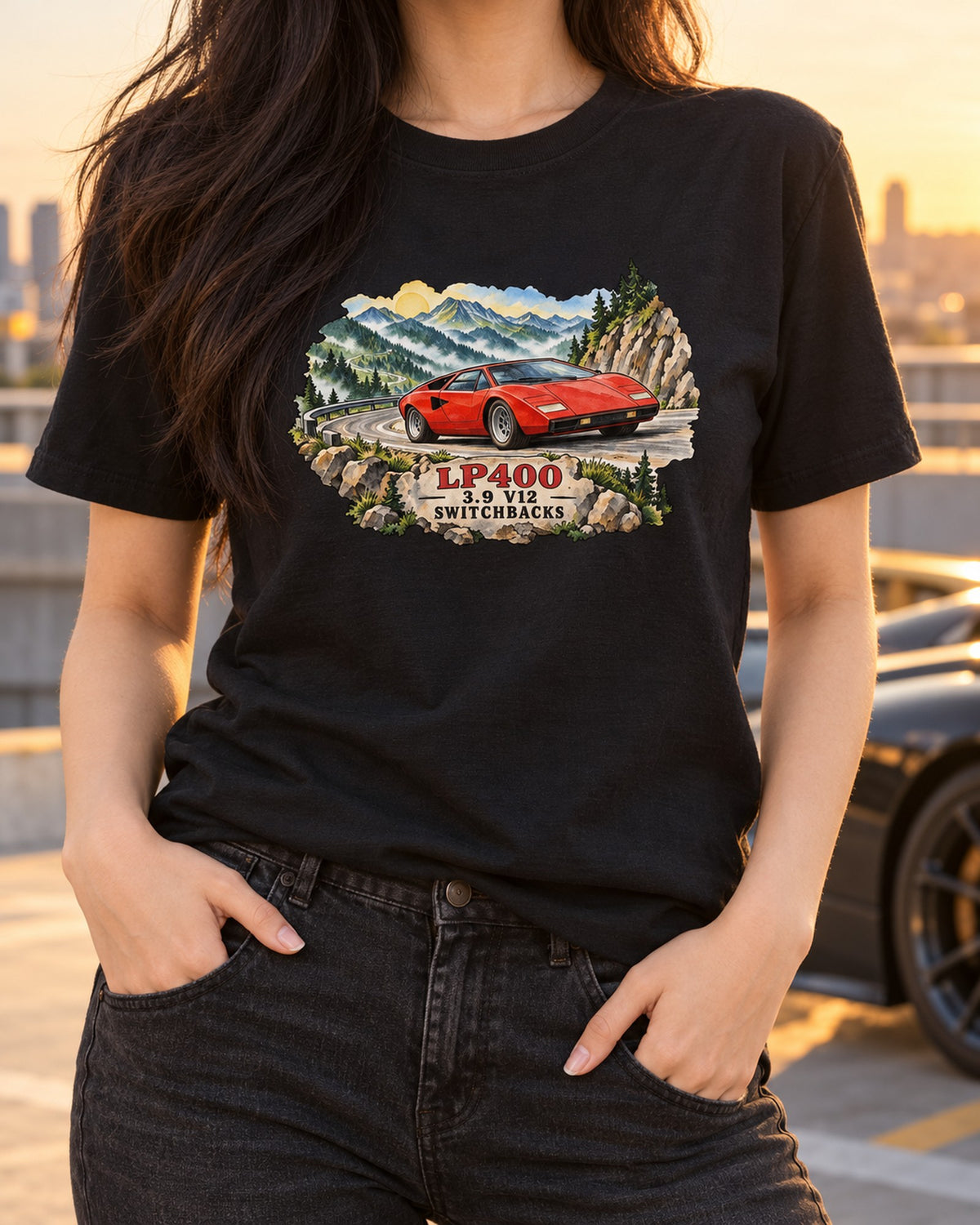 Countach LP400 Ink Wash Switchbacks Shirt, 3.9 V12 Tee T-Shirt Black worn hero
