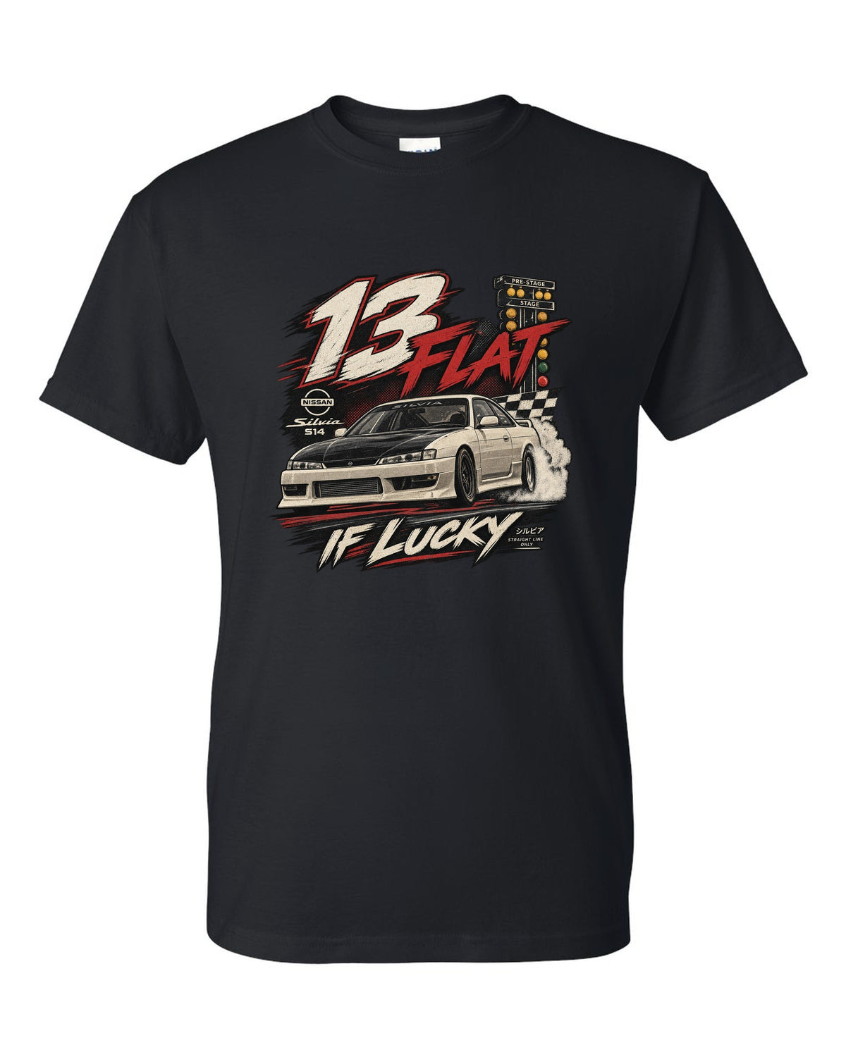 Vintage race poster print of a Nissan Silvia S14 with 13 flat if lucky text black t-shirt front view with the design