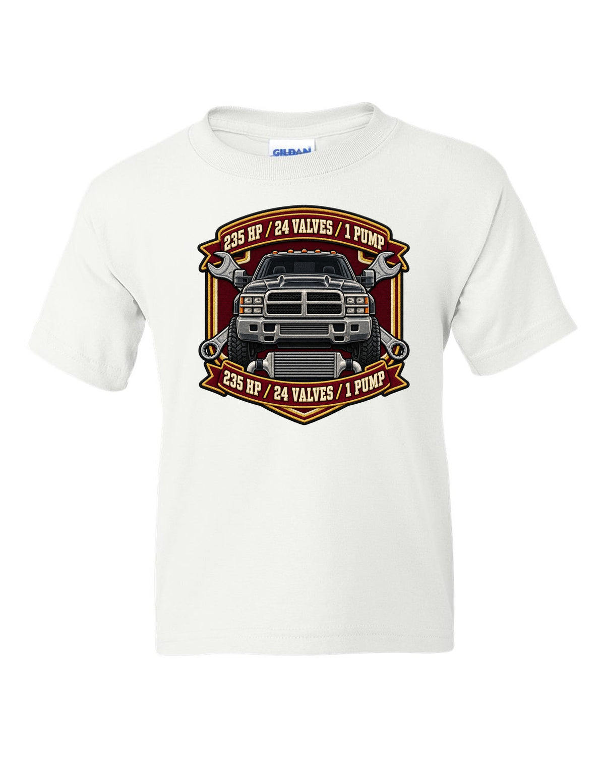 Varsity crest print for the 1998.5-2002 Dodge Ram 2500 24V Cummins with 235 HP, 24 valves, 1 pump white kids tee front view with the design