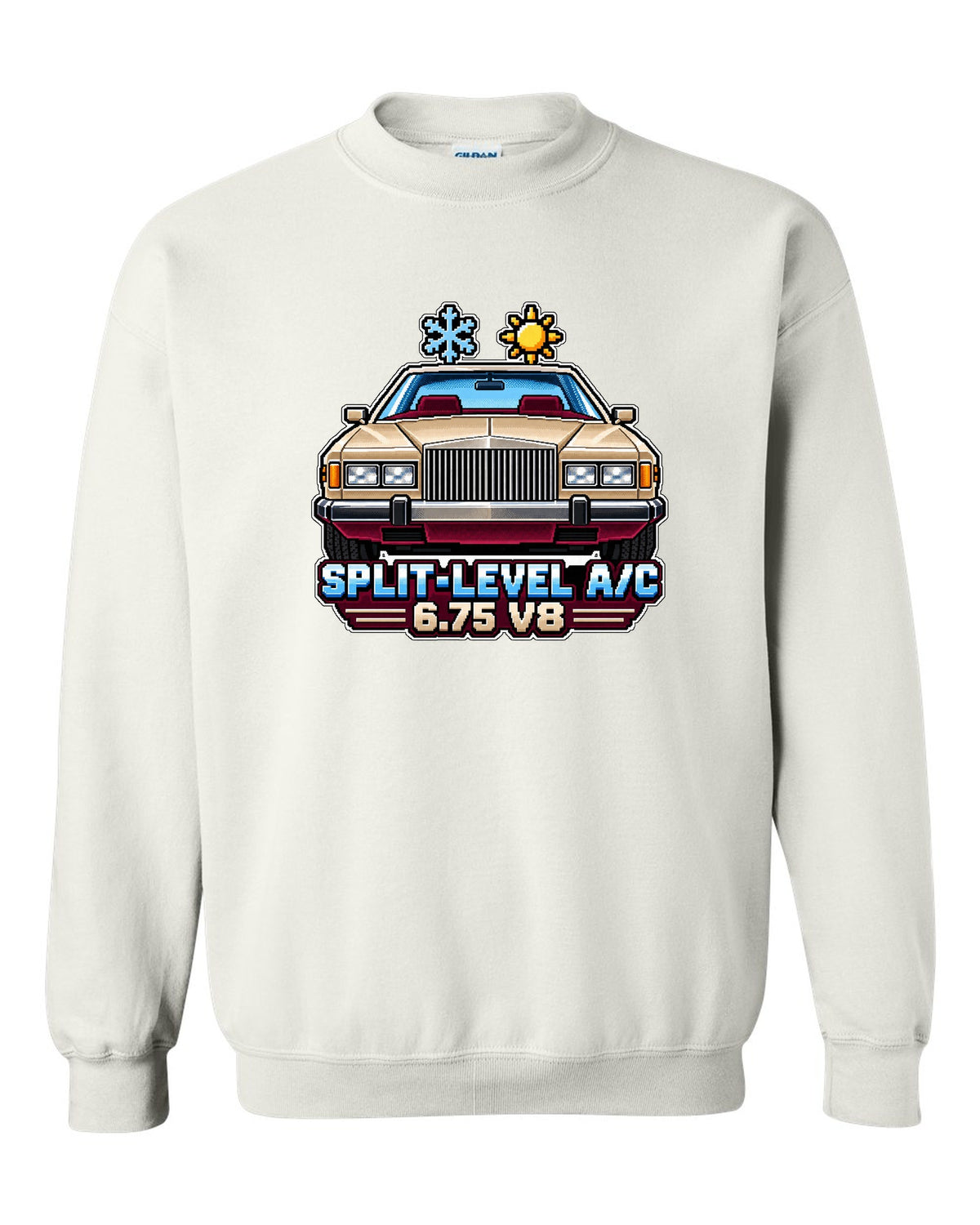 16-bit pixel art print of a 1975 Rolls-Royce Camargue with split-level A/C and 6.75 V8 lettering white crewneck front view with the design