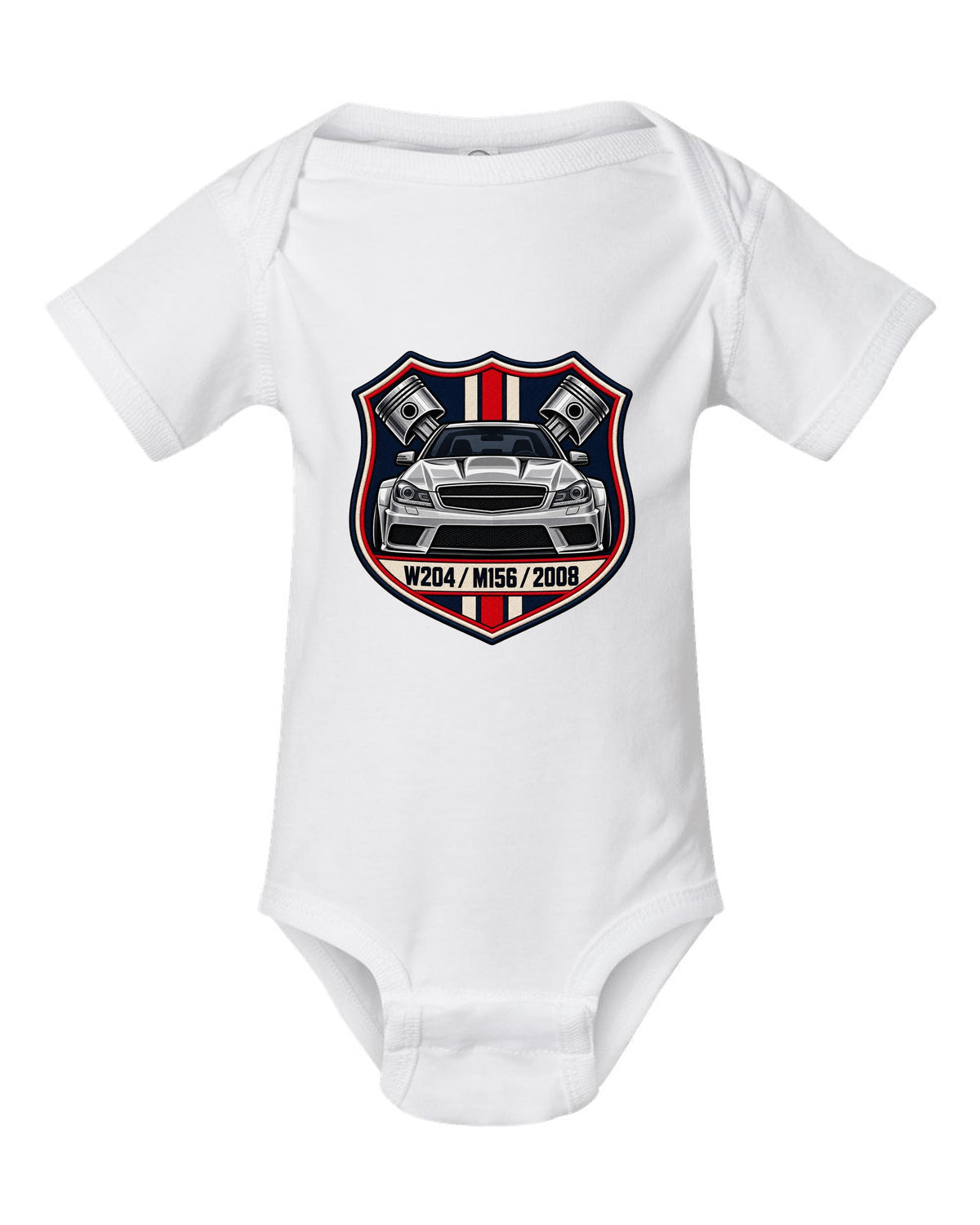 Embroidery-style varsity crest for Mercedes C63 AMG W204 with M156 and 2008 white baby onesie front view with the design