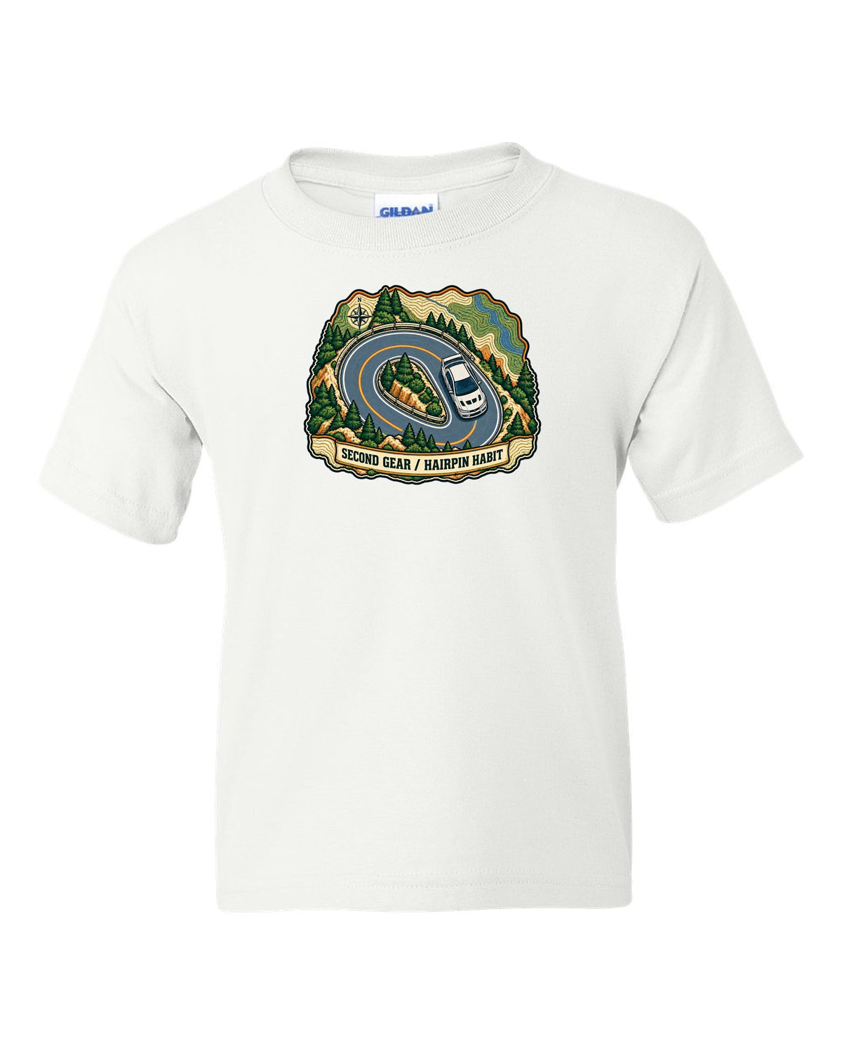 Topographic route map print for the Mitsubishi Evo VII CT9A with second gear hairpin habit text white kids tee front view with the design