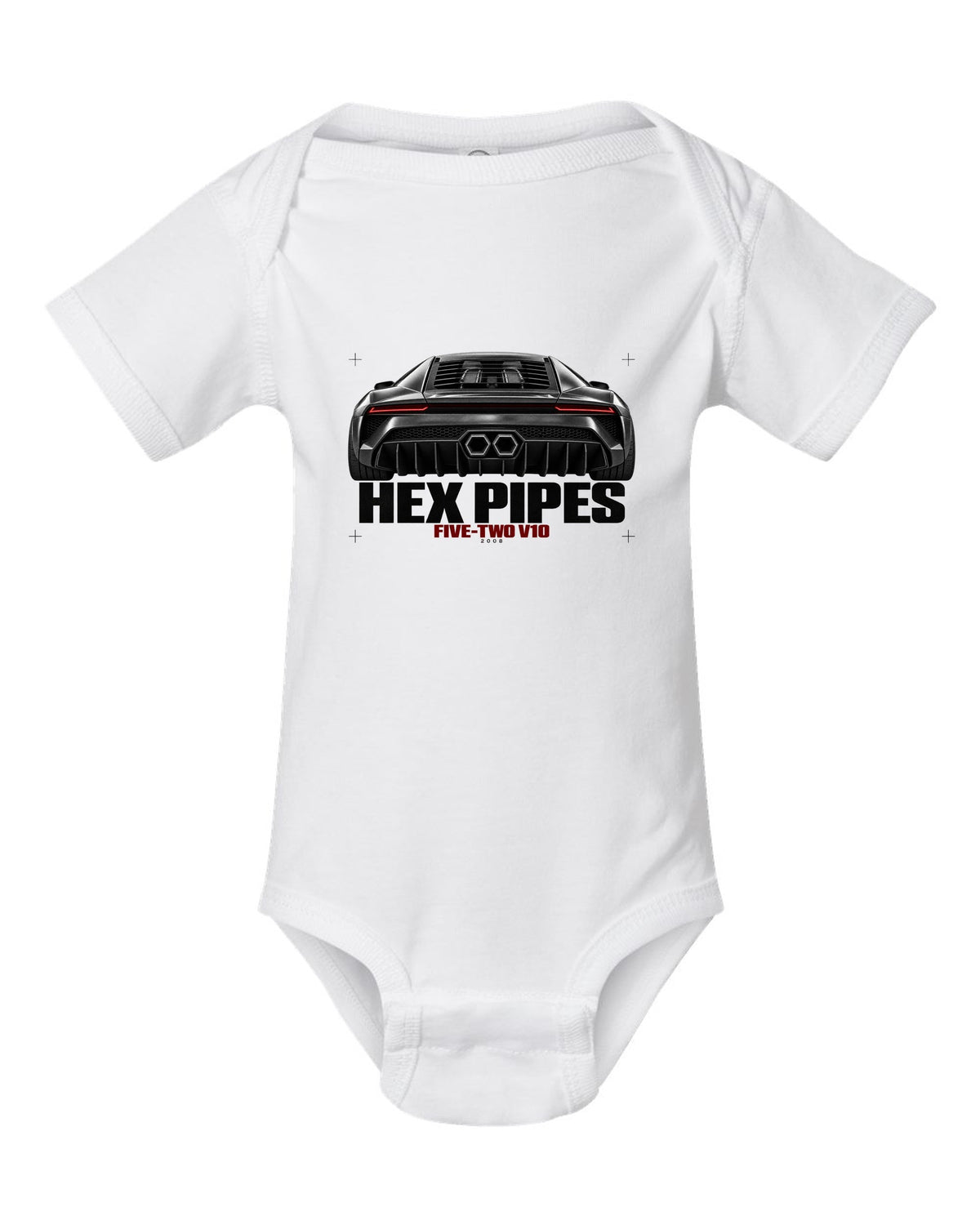 Exhaust macro print of a Lamborghini Gallardo LP560-4 with Hex Pipes and Five-Two V10 text white baby onesie front view with the design