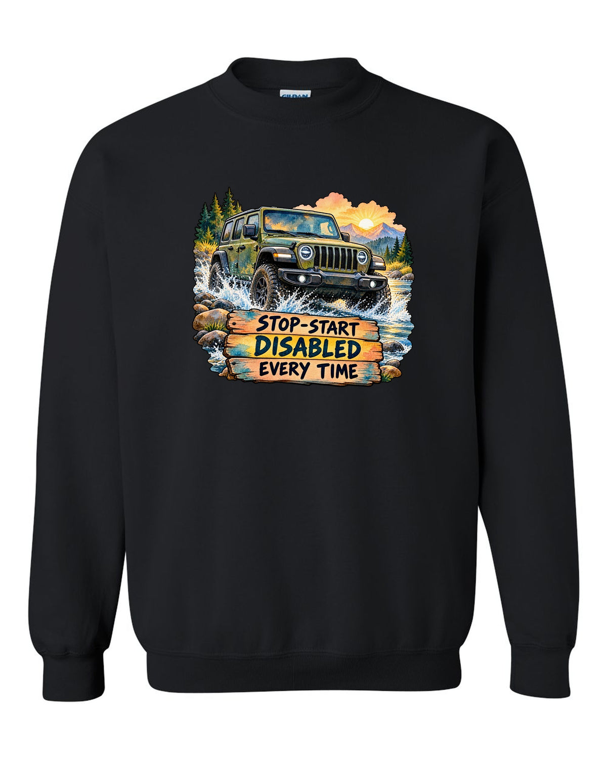 Watercolour night road print of a Jeep Wrangler JL with stop-start disabled text black crewneck front view with the design