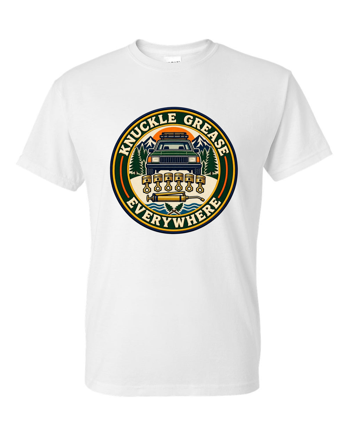 Badge crest of a Toyota Land Cruiser FZJ80 inline-six with Knuckle Grease Everywhere lettering white t-shirt front view with the design