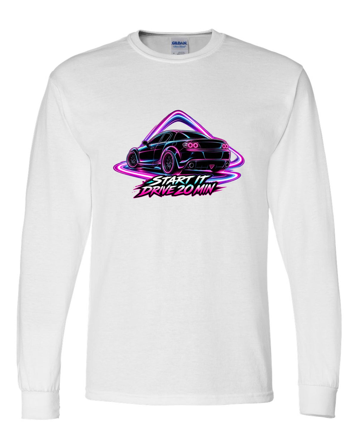 Neon outline light painting of a Mazda RX-8 SE3P with START IT / DRIVE 20 MIN lettering white long sleeve front view with the design