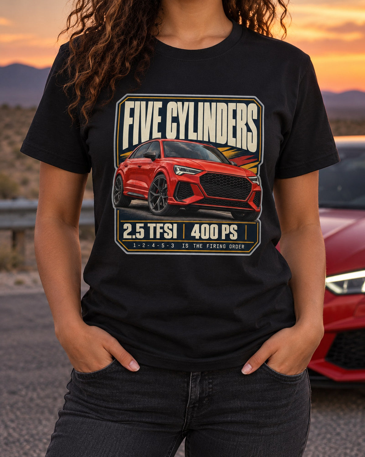 Audi RS Q3 F3 Editorial Tee, Five Cylinders 2.5 TFSI 400 PS T-Shirt Black worn hero