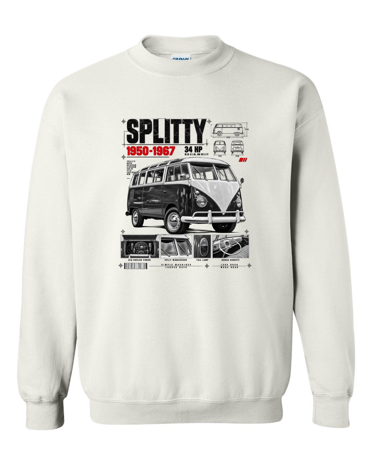 Dossier panel print of a 1962 VW T1 split-window Kombi with spec text white crewneck front view with the design