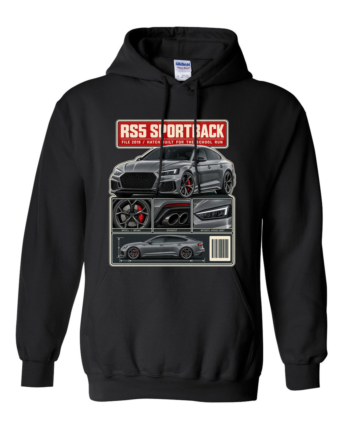 Audi RS5 Sportback B9 dossier panel print design black pull over hoodie front view with the design