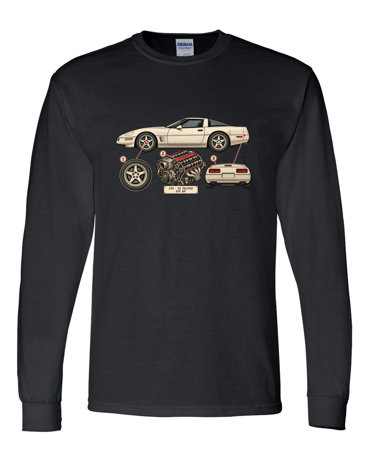 Neon HUD wireframe print of a 1997 Chevrolet Corvette C5 coupe with LT5 32 valves 375 HP lettering black long sleeve front view with the design