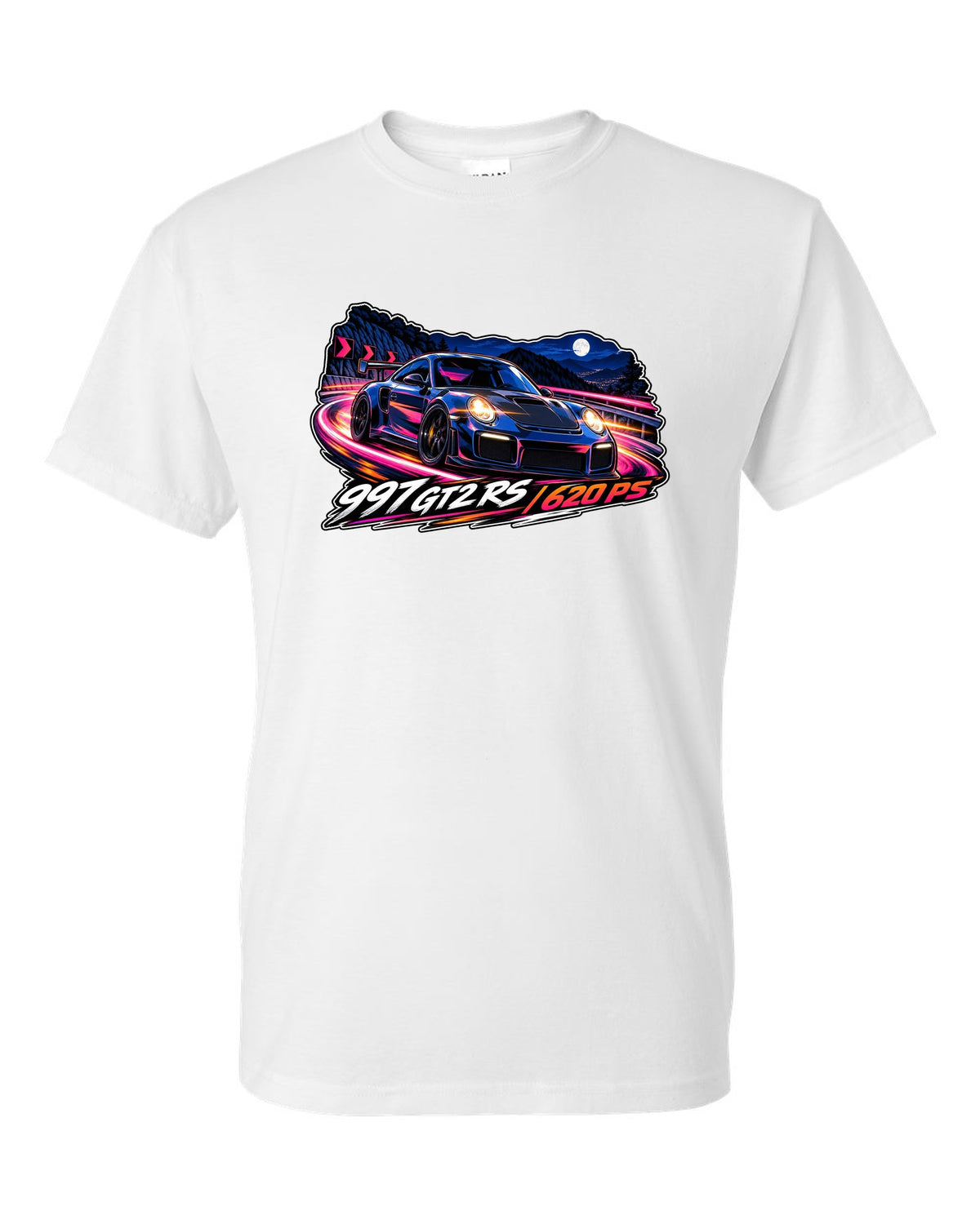 Cel-shaded anime night touge design featuring the Porsche 997 GT2 RS with 620 PS lettering white t-shirt front view with the design