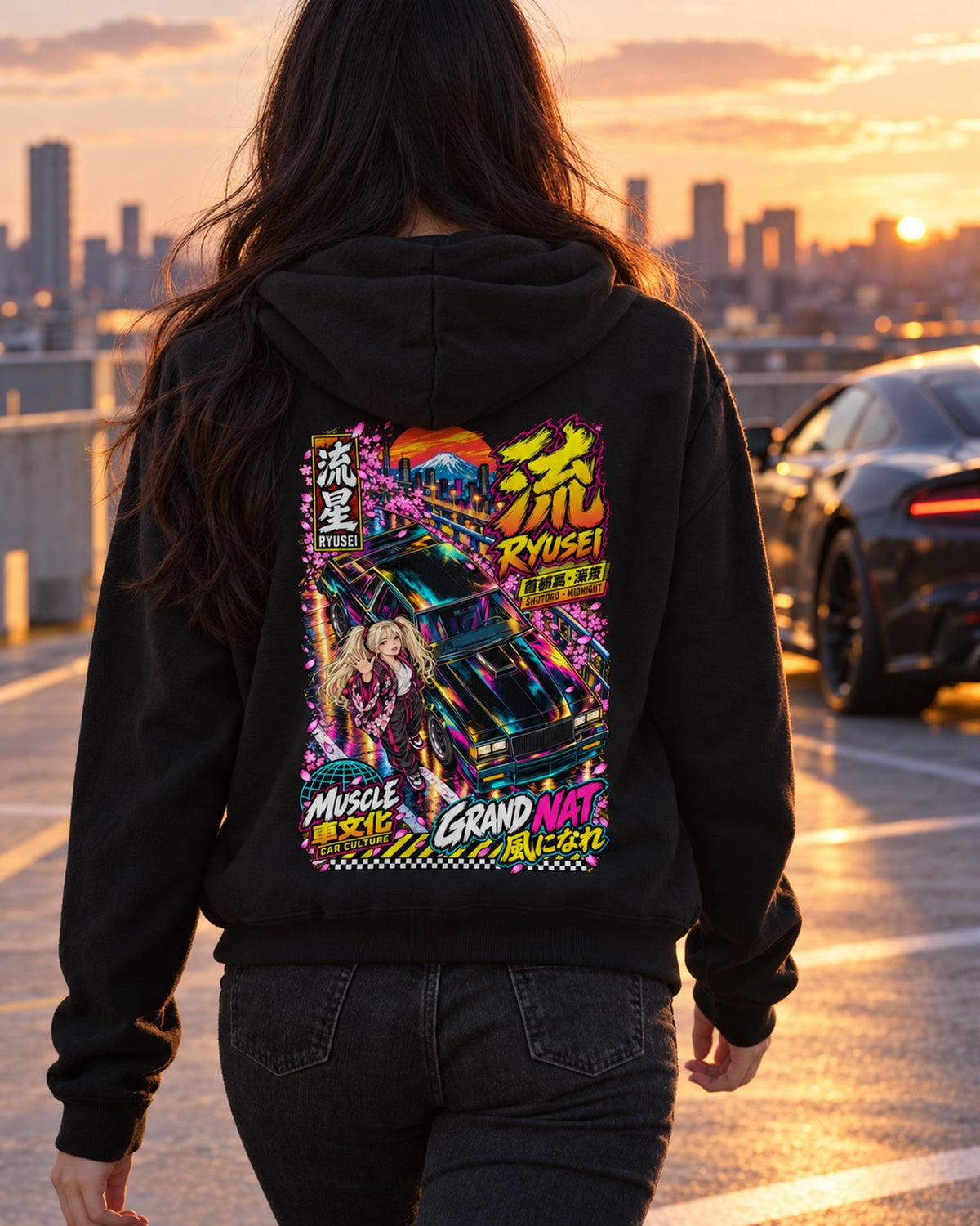RYUSEI GRAND NAT Anime Girl Full-Back Graphic Tee Zip Hoodie Black worn hero