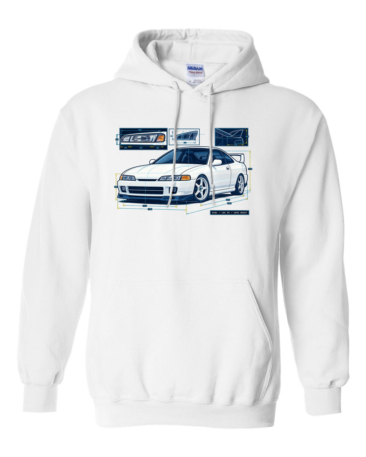 Blueprint line art of a 1995 Honda Integra DC2 headlight with B18C 195 PS Zero Boost lettering white pull over hoodie front view with the design
