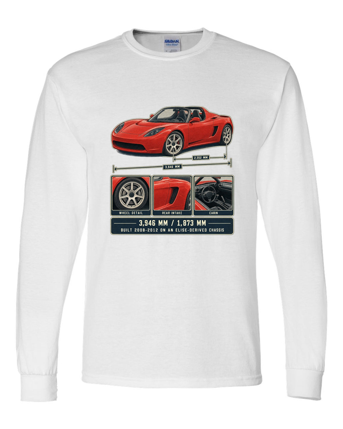 Dossier panel print of a first-generation Tesla Roadster with dimensions white long sleeve front view with the design