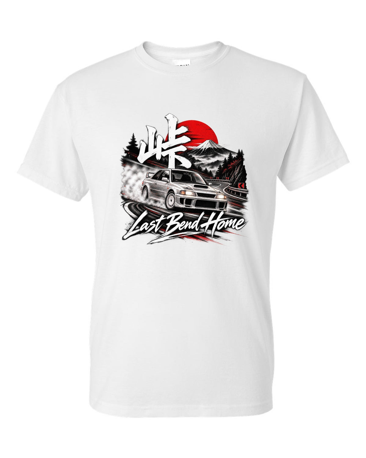 Subaru Impreza WRX GC8 coupe at a night touge bend with Last Bend Home text white t-shirt front view with the design