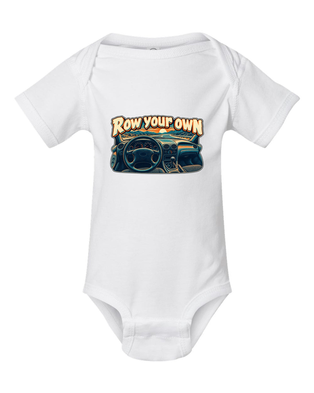 Risograph halftone Ford Mustang SN95 with the words Row your own white baby onesie front view with the design