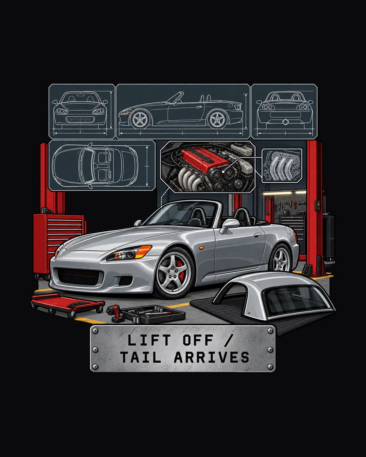 S2000 AP1 Shop Spec Sheet Data Plate Shirt, Lift Off Oversteer design only