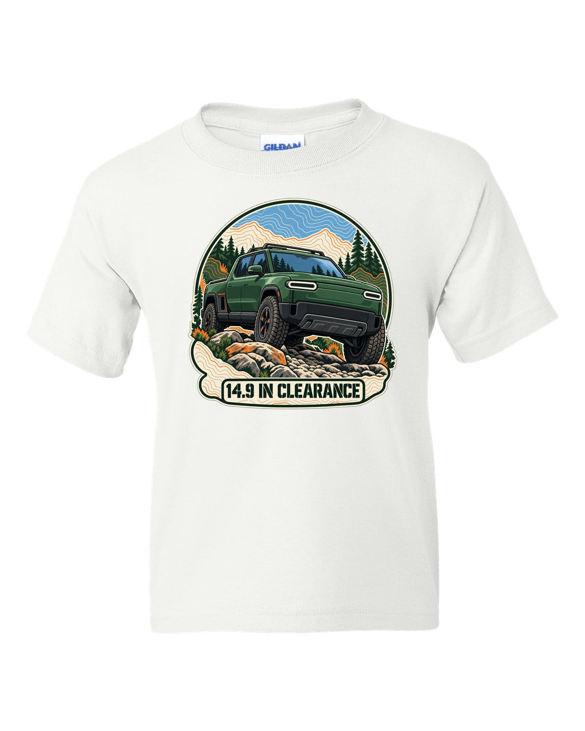 Topographic contour map illustration print of a Rivian R1T reading 14.9 In Clearance white kids tee front view with the design