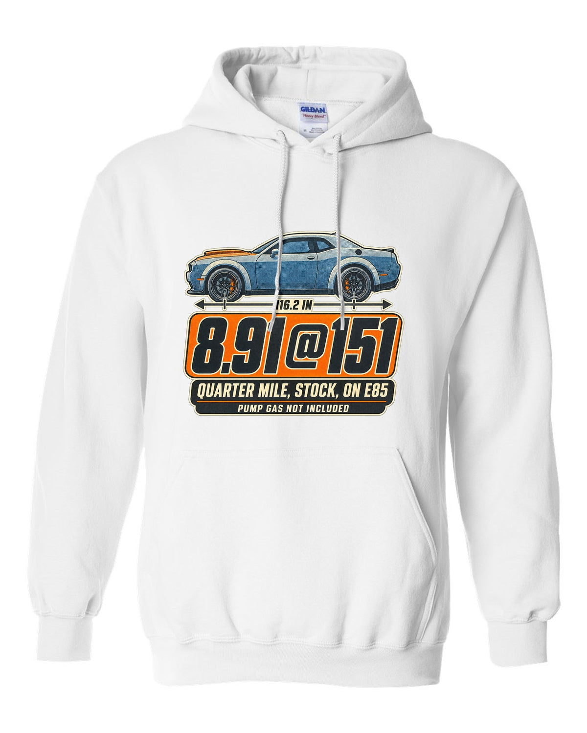 Dodge Challenger SRT Demon 170 halftone print with quarter mile time on E85 white pull over hoodie front view with the design