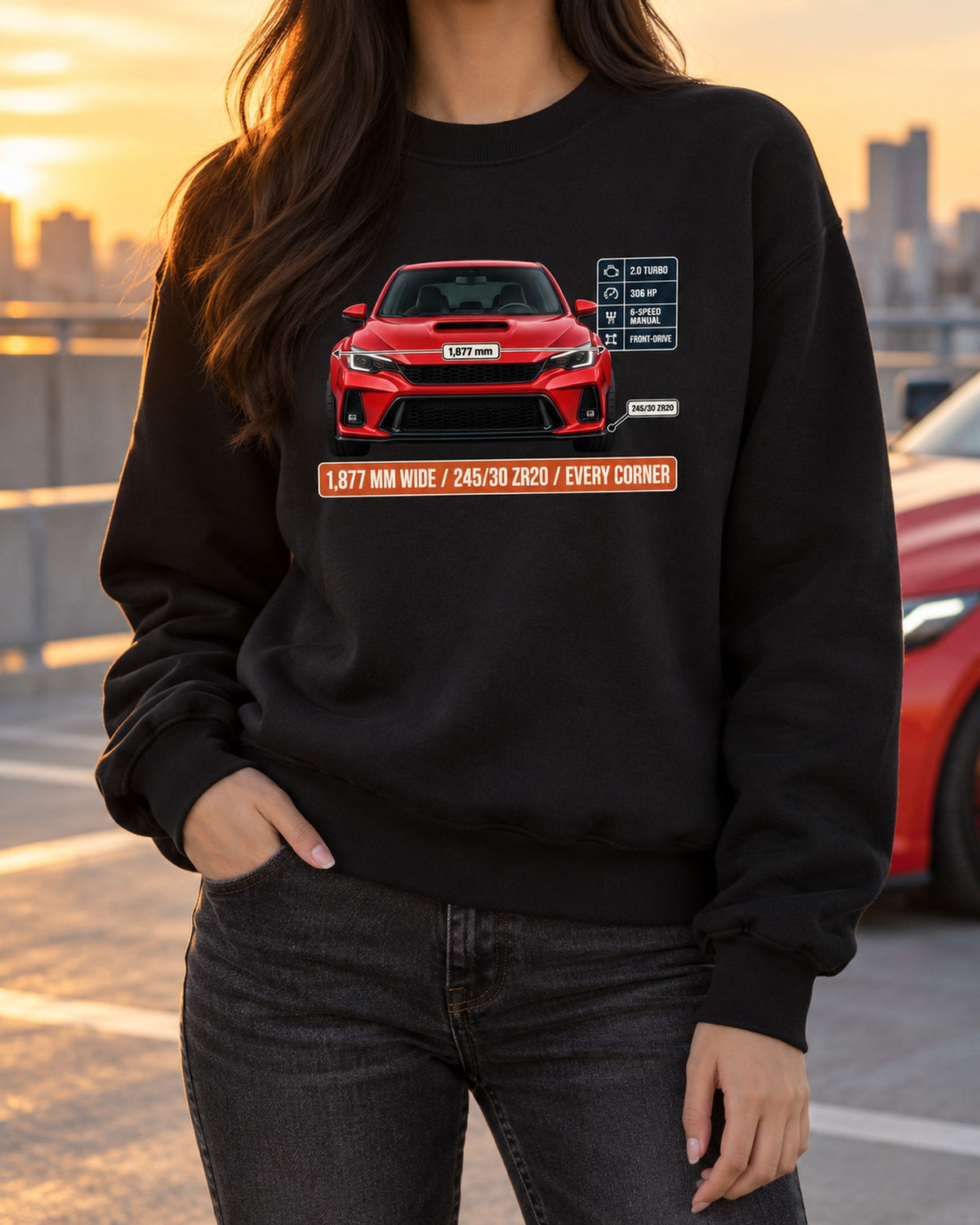 Civic Type R FK8 Front Elevation Spec Poster Tee, Rallye Red Crewneck Black worn hero
