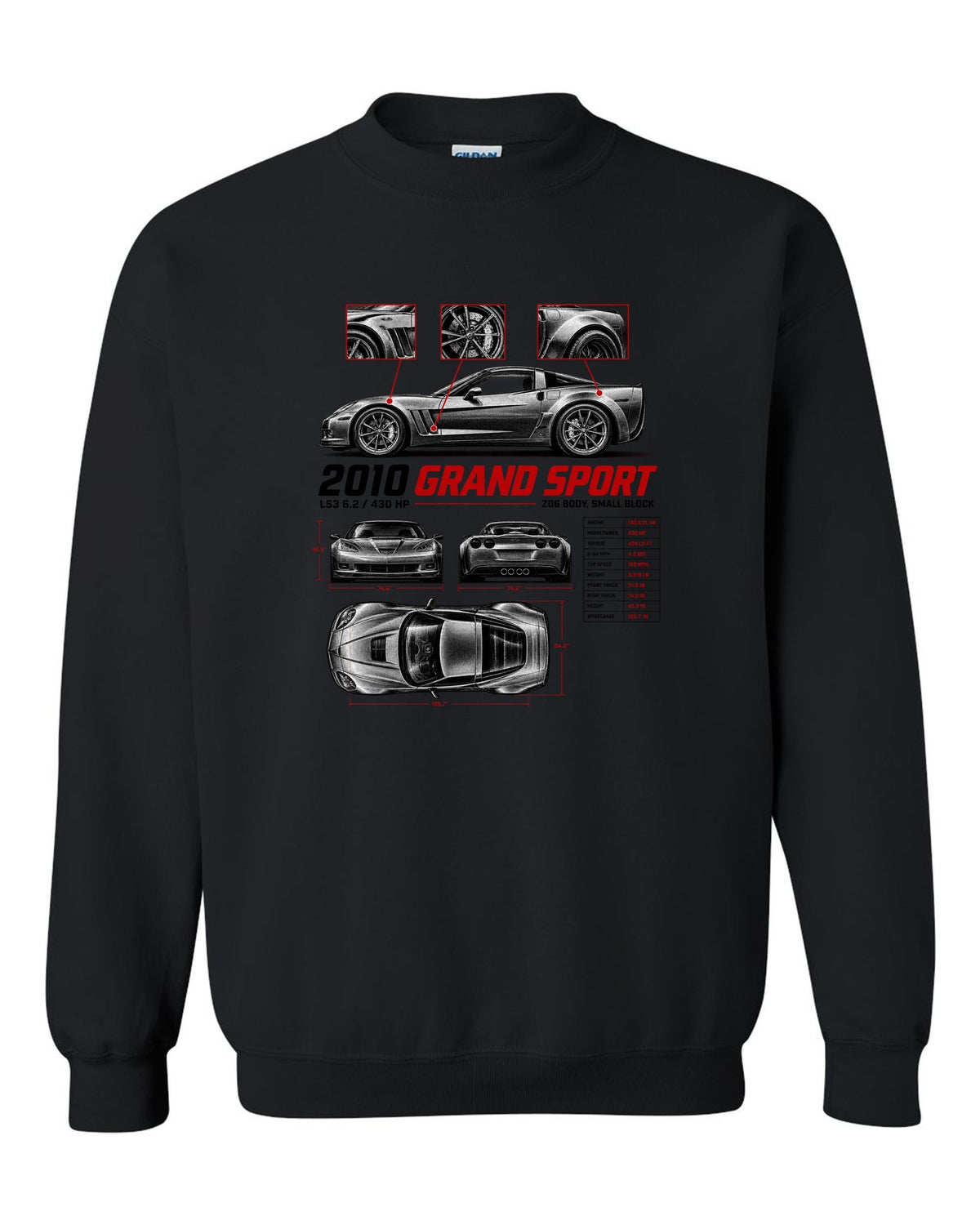 Corvette C6 Grand Sport 2010 with wide haunches, spec poster black crewneck front view with the design