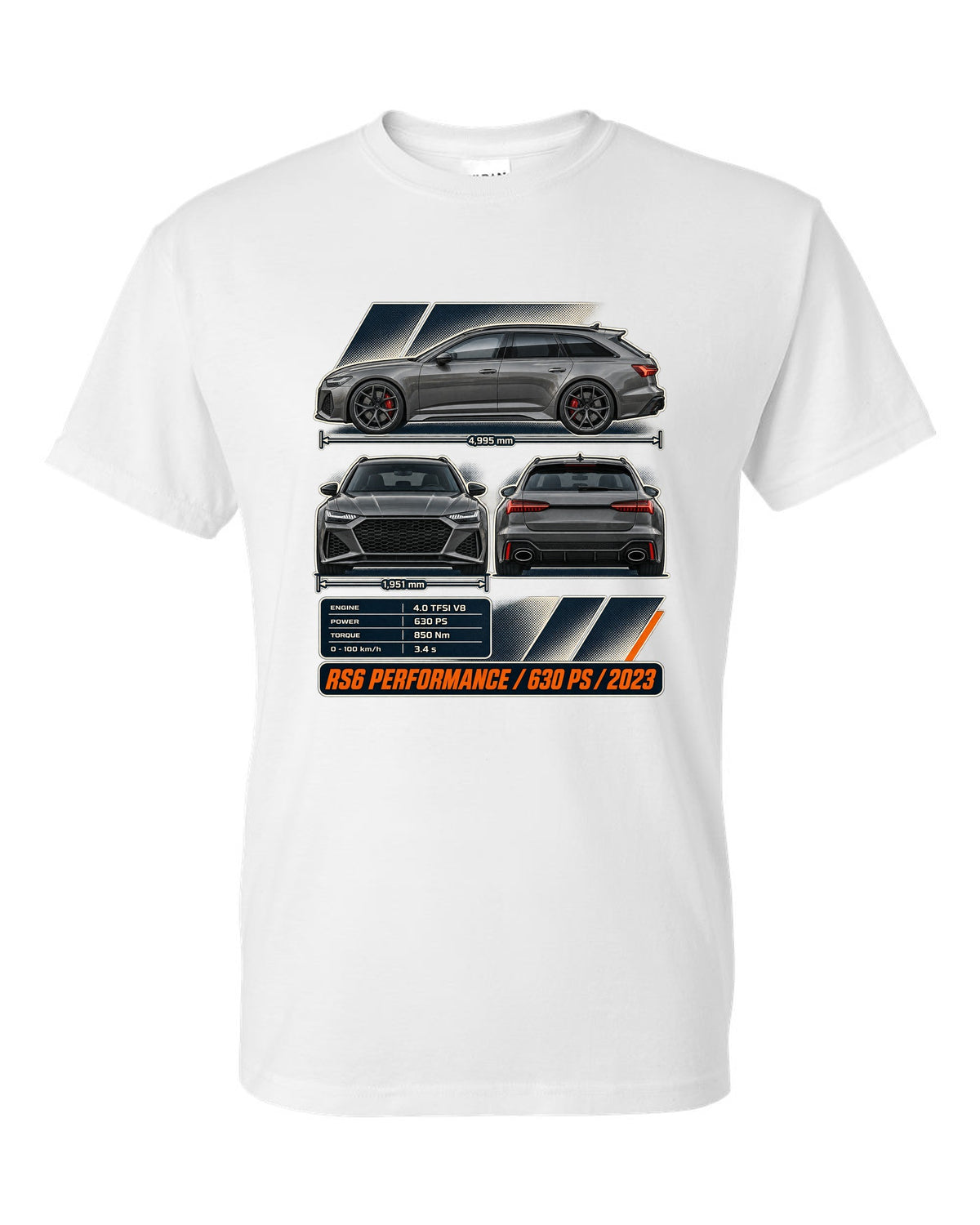 Audi RS6 Avant Performance three-view drawing with spec table white t-shirt front view with the design